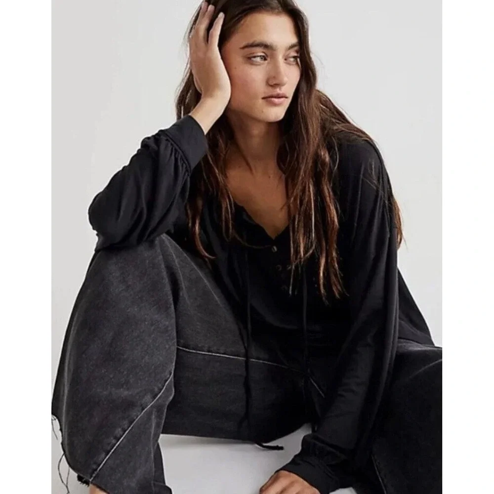 Free People Luna Tee Henley Peasant Black Size S Oversized Boho Festival Relaxed